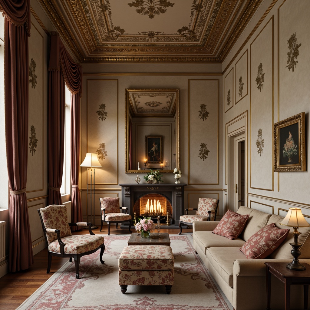 Prompt: Elegant classic interior, rich velvety fabrics, subtle floral patterns, soft muted colors, luxurious silk upholstery, ornate golden frames, refined linen textures, vintage-inspired tapestries, sophisticated damask motifs, creamy marble backgrounds, warm candlelight, shallow depth of field, 1/2 composition, realistic reflections, ambient occlusion.