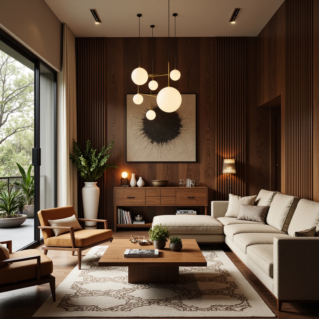 Prompt: Mid-century modern living room, sleek lines, organic shapes, earthy tones, walnut wood accents, geometric patterns, natural textiles, pendant lamps, sputnik chandeliers, globe pendants, cylindrical shades, brass fixtures, minimalist switches, ambient warm lighting, soft diffused glow, 1/2 composition, intimate atmosphere, retro-inspired decor.