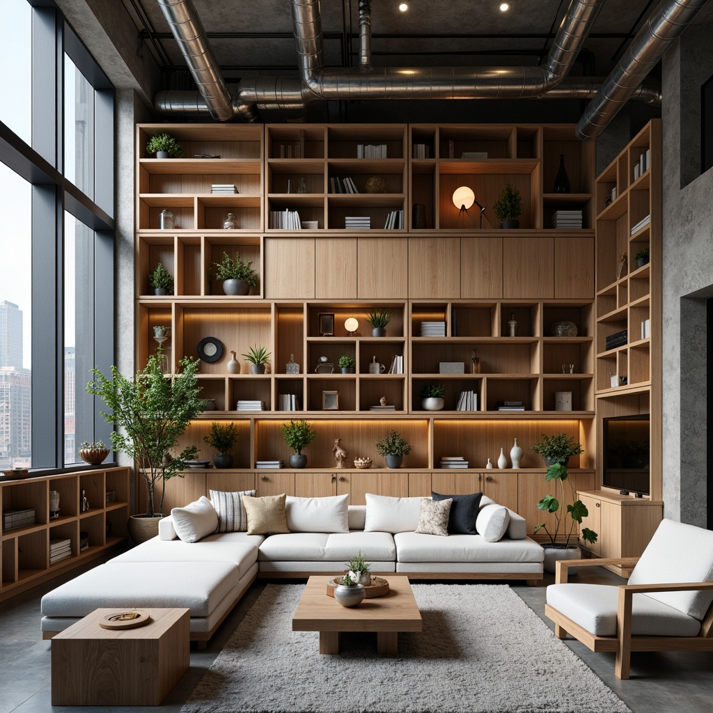 Prompt: Modern living room, built-in shelving units, sleek wooden cabinets, hidden storage compartments, minimalist decor, floor-to-ceiling windows, natural light, urban loft atmosphere, industrial-chic aesthetic, metal beams, polished concrete floors, cozy reading nooks, ambient lighting, 3/4 composition, shallow depth of field, panoramic view.