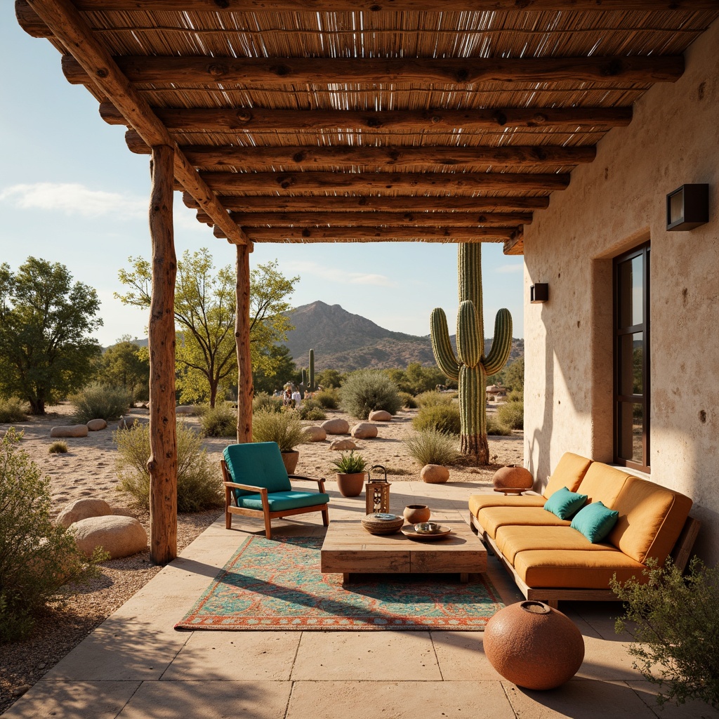 Prompt: Rustic desert landscape, sandy dunes, cacti plants, adobe architecture, earthy tones, natural stone walls, rough-hewn wood beams, woven textiles, vibrant turquoise accents, geometric patterns, terracotta pottery, distressed leather furniture, warm golden lighting, shallow depth of field, 1/1 composition, panoramic view, realistic textures, ambient occlusion.