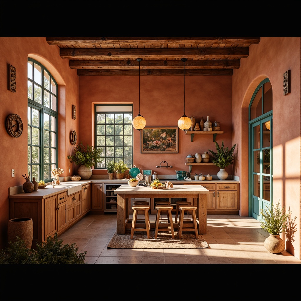 Prompt: Southwestern kitchen, warm terracotta walls, rustic wooden cabinets, vibrant turquoise accents, earthy pottery, natural stone countertops, pendant lanterns, warm LED lighting, soft ambient glow, cozy breakfast nook, large windows, sunny morning light, gentle shadows, 1/1 composition, shallow depth of field, realistic textures, warm color palette.