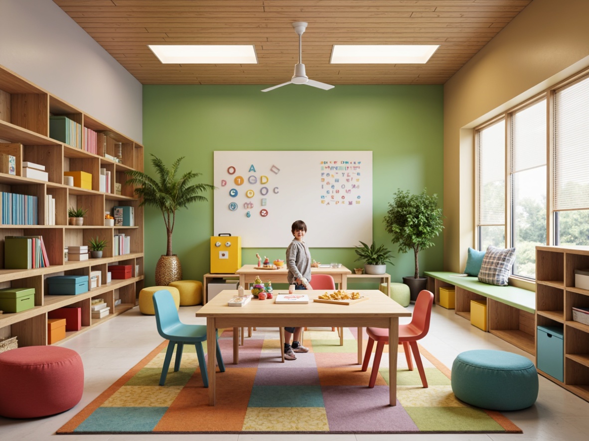 Prompt: Vibrant kindergarten classroom, colorful educational toys, wooden alphabet blocks, soft cushioned chairs, adjustable desks, ergonomic stools, rounded edges, pastel-colored shelves, interactive whiteboards, collaborative learning spaces, cozy reading nooks, natural wood accents, playful textile patterns, whimsical illustrations, ambient warm lighting, shallow depth of field, 1/1 composition, realistic textures, subtle shadows.