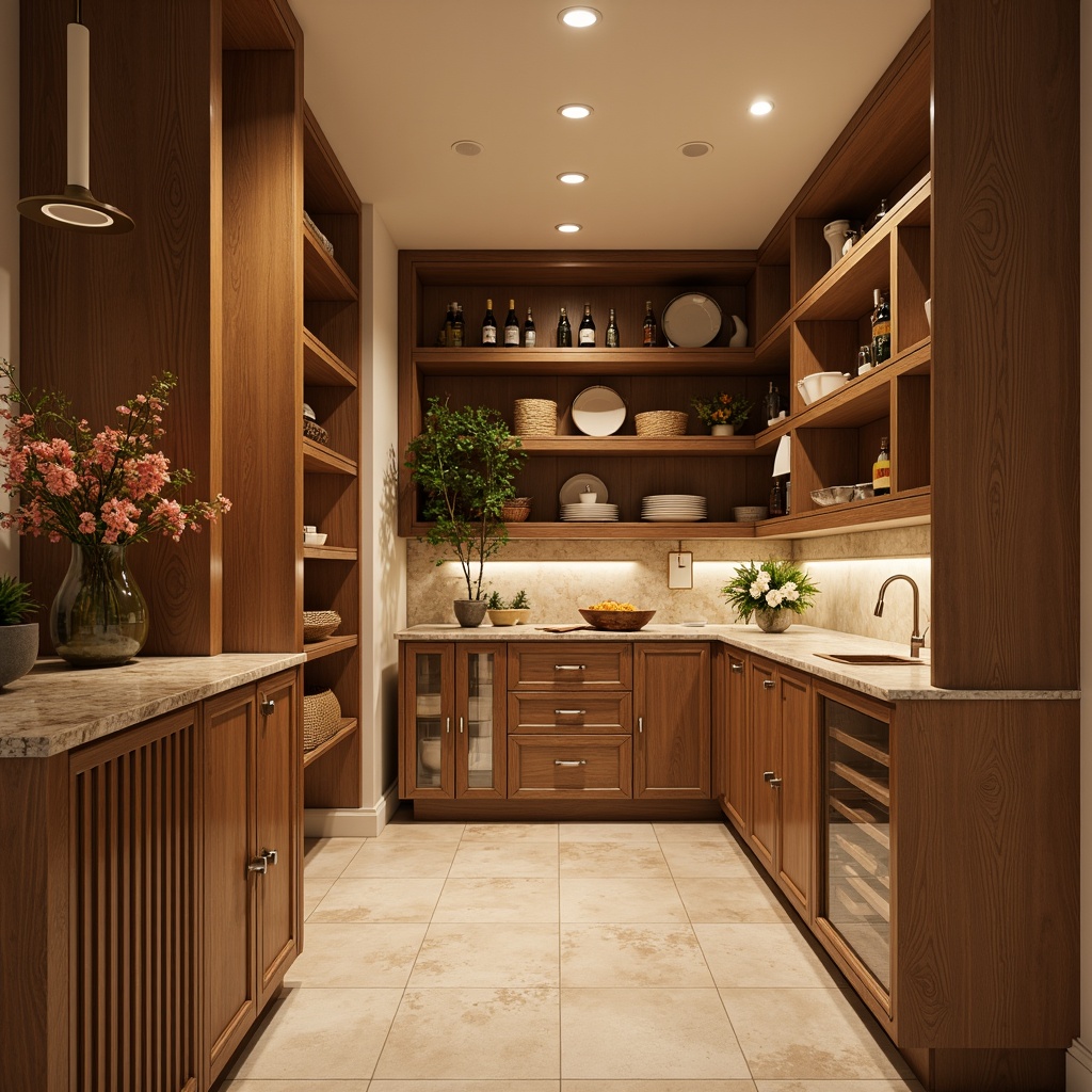 Prompt: Warm pantry interior, mid-century modern style, rich wood cabinetry, sleek horizontal lines, minimalist ornamentation, warm beige walls, polished chrome hardware, spacious shelving units, decorative glass doors, ambient soft lighting, shallow depth of field, 1/1 composition, realistic wood textures, natural stone countertops, earthy color palette, cozy breakfast nook, pendant lighting fixtures, woven basket storage, greenery on shelves.