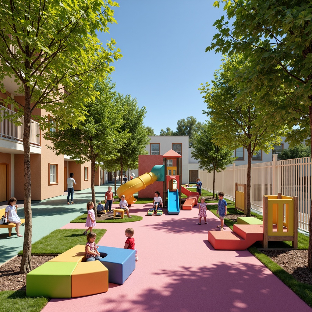 Prompt: Vibrant kindergarten playground, soft rubber flooring, colorful play equipment, secure fencing, CCTV cameras, emergency exit signs, fire alarm systems, sprinkler installations, non-toxic paint finishes, rounded edge furniture, impact-resistant walls, soft padded corners, gentle lighting, calming color schemes, easy-grip door handles, accessible storage spaces, slip-resistant flooring, sanitized surfaces, natural ventilation systems, kid-friendly bathroom facilities, wheelchair-accessible ramps, safety mirrors, acoustic ceilings, educational safety signs, shallow water play areas, sensory play zones, comfortable reading nooks, collaborative learning spaces.