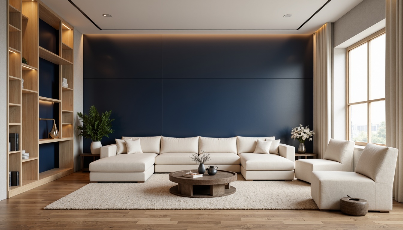 Prompt: Navy blue accent wall, creamy white furniture, warm beige carpet, rich wood tones, subtle golden lighting, elegant modern decor, sophisticated minimalist style, spacious open layout, refined industrial textures, sleek metallic accents, harmonious color balance, soft natural light, 1/1 composition, realistic render, ambient occlusion.