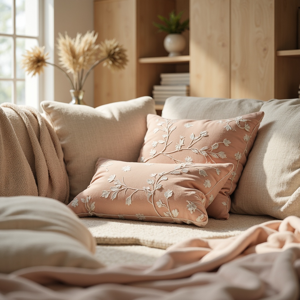 Prompt: Luxurious velvet fabrics, soft pastel hues, subtle sheen, intricate floral patterns, comfortable upholstery, modern minimalist aesthetic, Scandinavian-inspired design, natural linen textures, earthy tone accents, warm beige backgrounds, soft golden lighting, 3/4 composition, shallow depth of field, realistic fabric simulations.