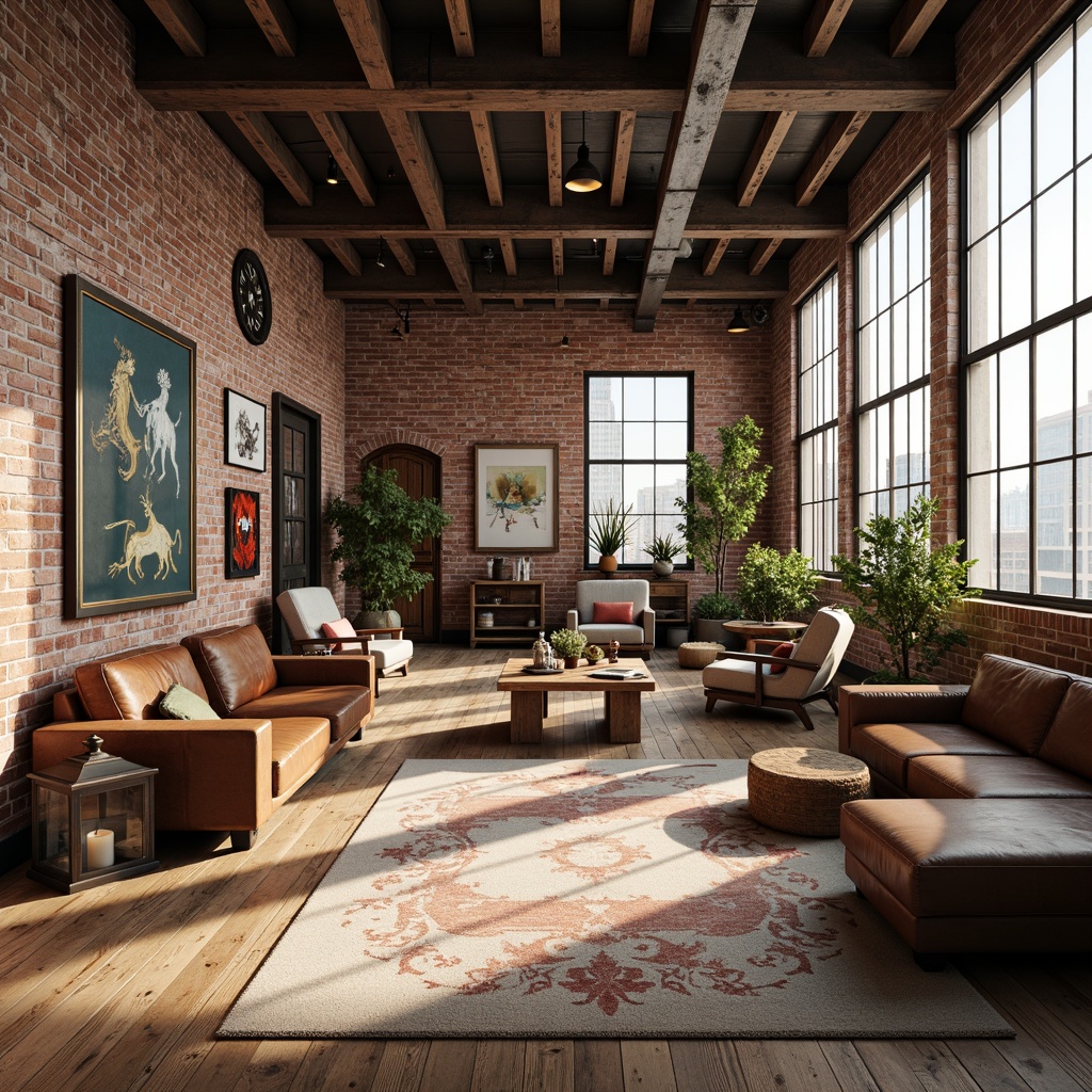 Prompt: Exposed brick walls, reclaimed wood floors, industrial metal beams, eclectic furniture mix, vintage decorative items, modern art pieces, abundant natural light, airy open space, urban loft atmosphere, minimalist decor accents, distressed leather sofas, reclaimed wooden tables, metal lanterns, abstract artwork, warm cozy rugs, softbox lighting, shallow depth of field, 1/1 composition, realistic textures, ambient occlusion.