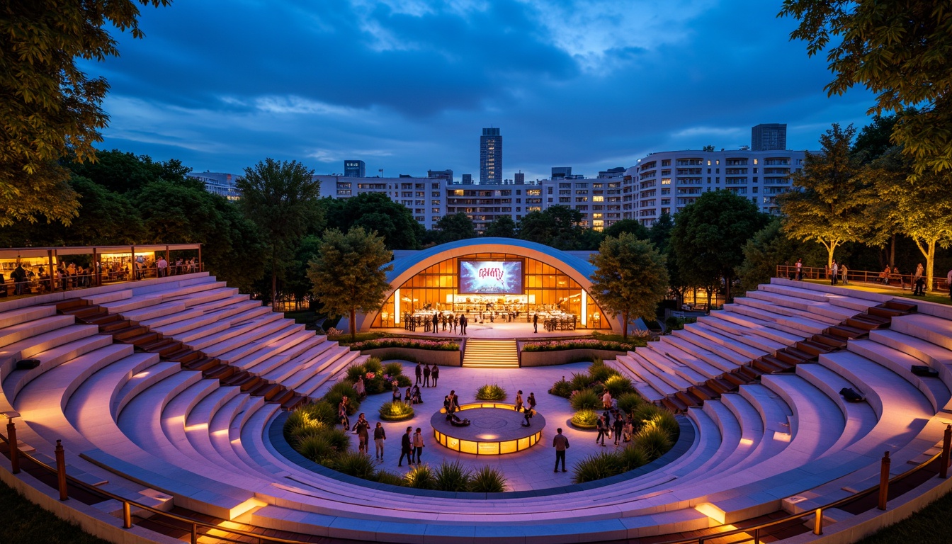 Prompt: Vibrant modern amphitheater, sleek curved lines, polished concrete floors, bold stepped seating, dynamic LED lighting, deep blue night sky, warm golden spotlights, rich wood accents, minimalist metal railings, urban cityscape backdrop, lush greenery surroundings, eclectic graffiti art, trendy food stalls, bustling crowd atmosphere, shallow depth of field, 3/4 composition, cinematic wide-angle shot, realistic textures, ambient occlusion.