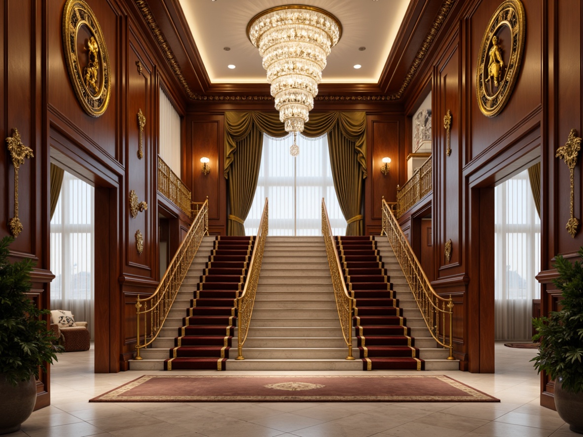 Prompt: Luxurious entrance hall, grand staircase, ornate moldings, golden accents, crystal chandelier, marble flooring, velvet drapes, intricate carvings, rich wood paneling, decorative ceiling details, symmetrical composition, soft warm lighting, shallow depth of field, 1/2 perspective, realistic textures, ambient occlusion.