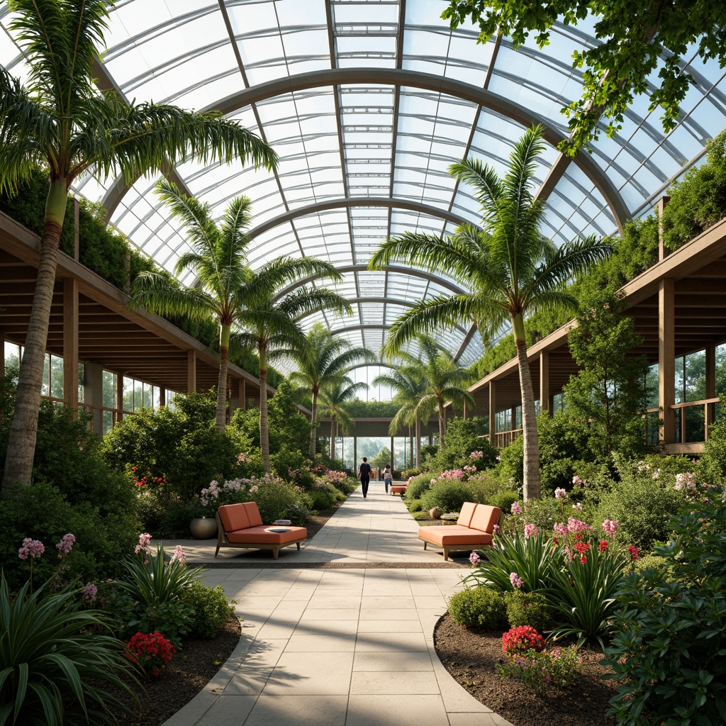 Prompt: Lush greenery, tropical plants, natural light, airy atmosphere, modern greenhouse architecture, curved glass roofs, steel frames, wooden accents, minimal decor, comfortable seating areas, water features, misting systems, vibrant colorful flowers, soft warm lighting, shallow depth of field, 3/4 composition, panoramic view, realistic textures, ambient occlusion.