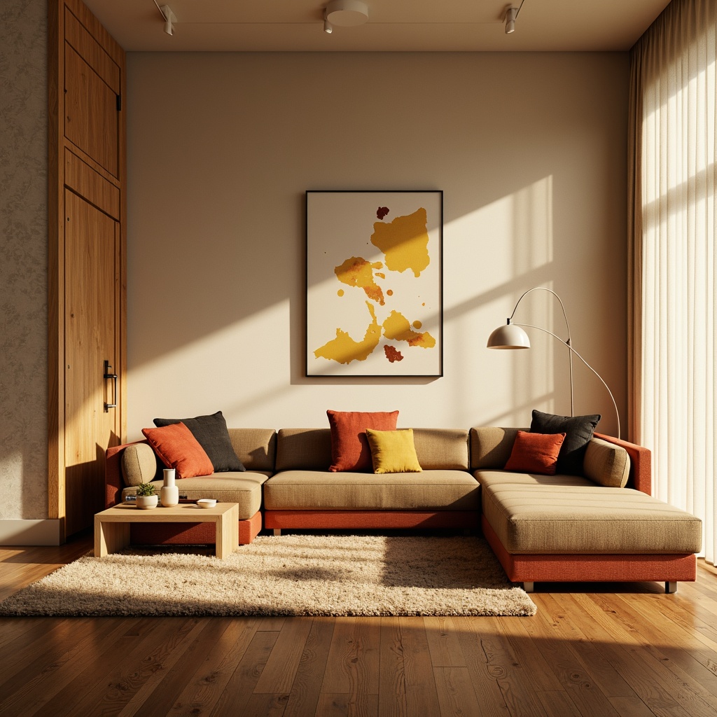 Prompt: Cozy apartment interior, warm beige walls, rich walnut flooring, plush area rug, comfortable sectional sofa, vibrant accent pillows, soft golden lighting, modern minimalist decor, calm atmosphere, natural material textures, earthy tone color palette, 1/2 composition, intimate view, realistic shadows, ambient occlusion.