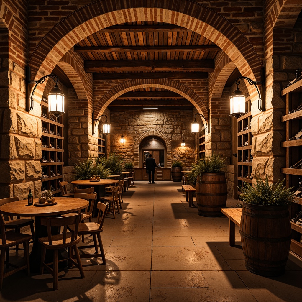 Prompt: Rustic wine cellar, wooden barrel storage, stone walls, earthy tones, warm ambient lighting, soft glowing lanterns, wrought iron chandeliers, vintage metal sconces, dimmable LED lights, cozy nooks, rich wood accents, natural stone flooring, brick archways, distressed wood beams, ornate metalwork, intimate seating areas, warm color palette, dramatic ceiling heights, classic wine barrels, aged wooden crates, soft shadows, low-key illumination.