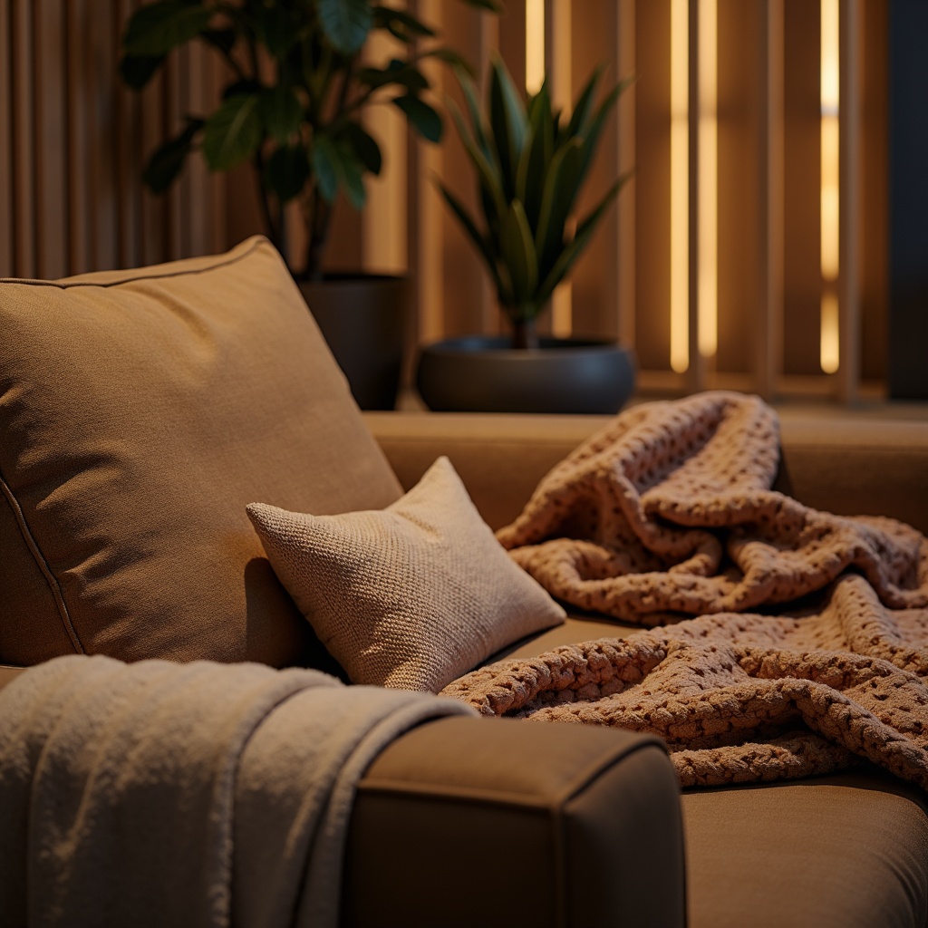 Prompt: Luxurious velvet fabrics, soft plush pillows, woven natural fibers, ergonomic design, reclining sofas, ambient warm lighting, cozy throw blankets, tactile sensations, calming color palettes, serene atmosphere, minimal ornamentation, subtle texture variations, 1/1 composition, shallow depth of field, realistic fabric simulations.