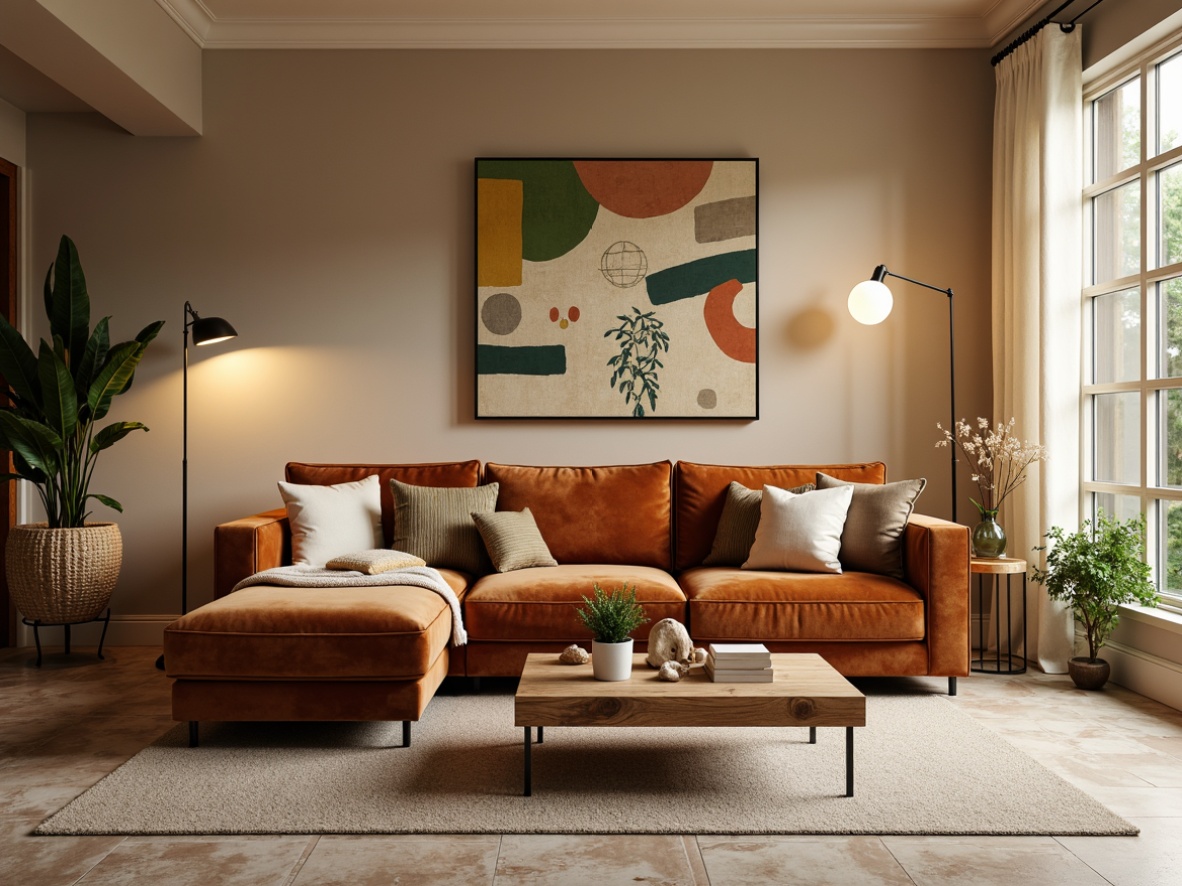 Prompt: Cozy living room, plush sectional sofa, soft velvet cushions, reclaimed wood coffee table, minimalist metal legs, warm beige walls, natural stone flooring, elegant floor lamps, creamy white curtains, modern abstract artwork, vibrant greenery, ambient warm lighting, shallow depth of field, 1/1 composition, realistic textures.