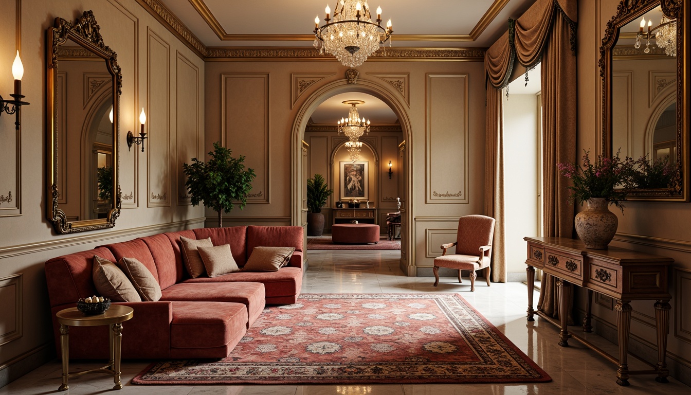 Prompt: Luxurious velvet fabrics, richly patterned rugs, elegant ornate mirrors, refined wooden paneling, sophisticated marble floors, lavish crystal chandeliers, opulent golden accents, subtle damask upholstery, intricate carvings, ornate moldings, warm beige walls, soft diffused lighting, shallow depth of field, 1/1 composition, realistic textures, ambient occlusion.