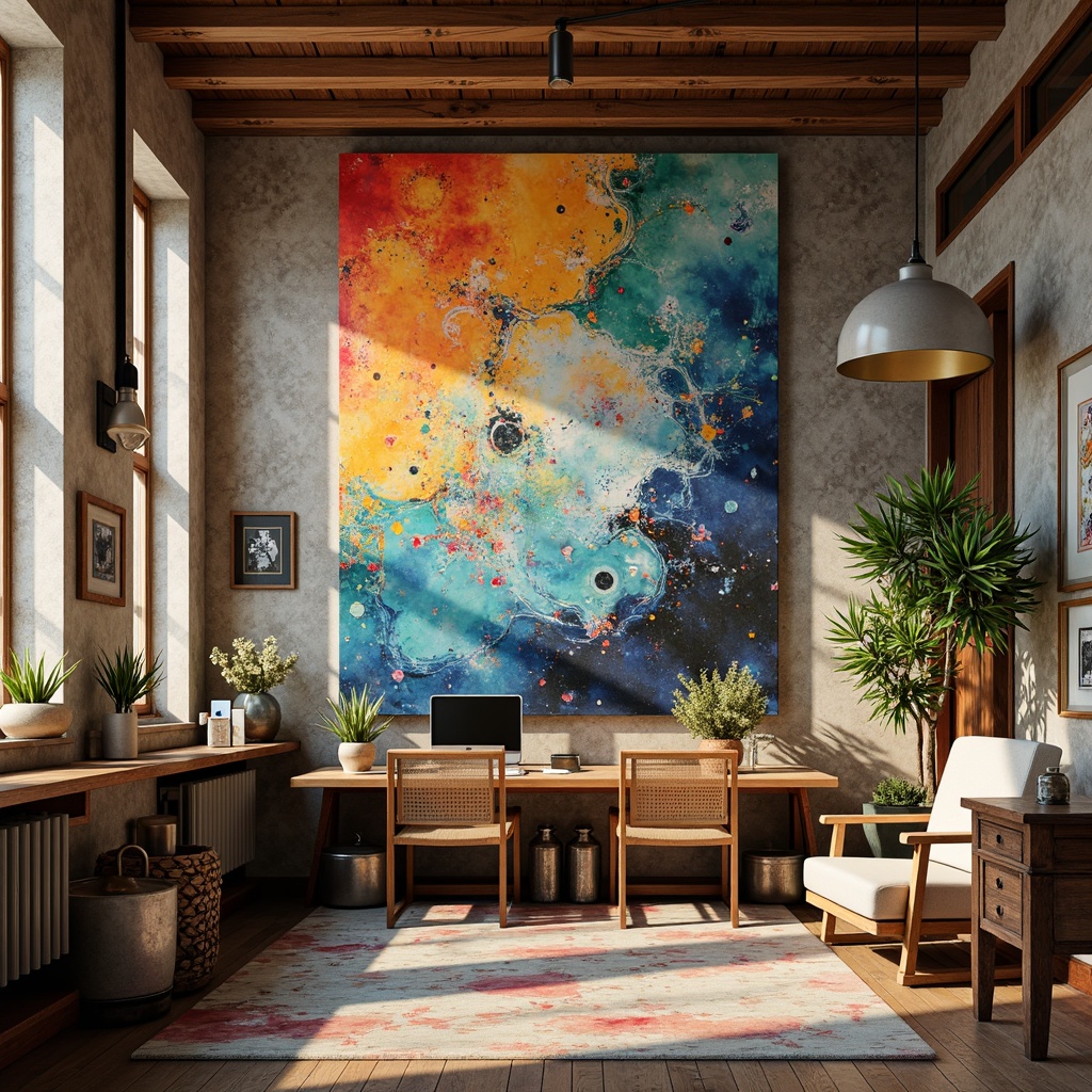 Prompt: Vibrant artistic studio, eclectic mix of colors, bold brushstrokes, textured canvas, modern abstract artwork, pastel hues, rich jewel tones, metallic accents, warm golden lighting, shallow depth of field, 1/1 composition, realistic textures, ambient occlusion.