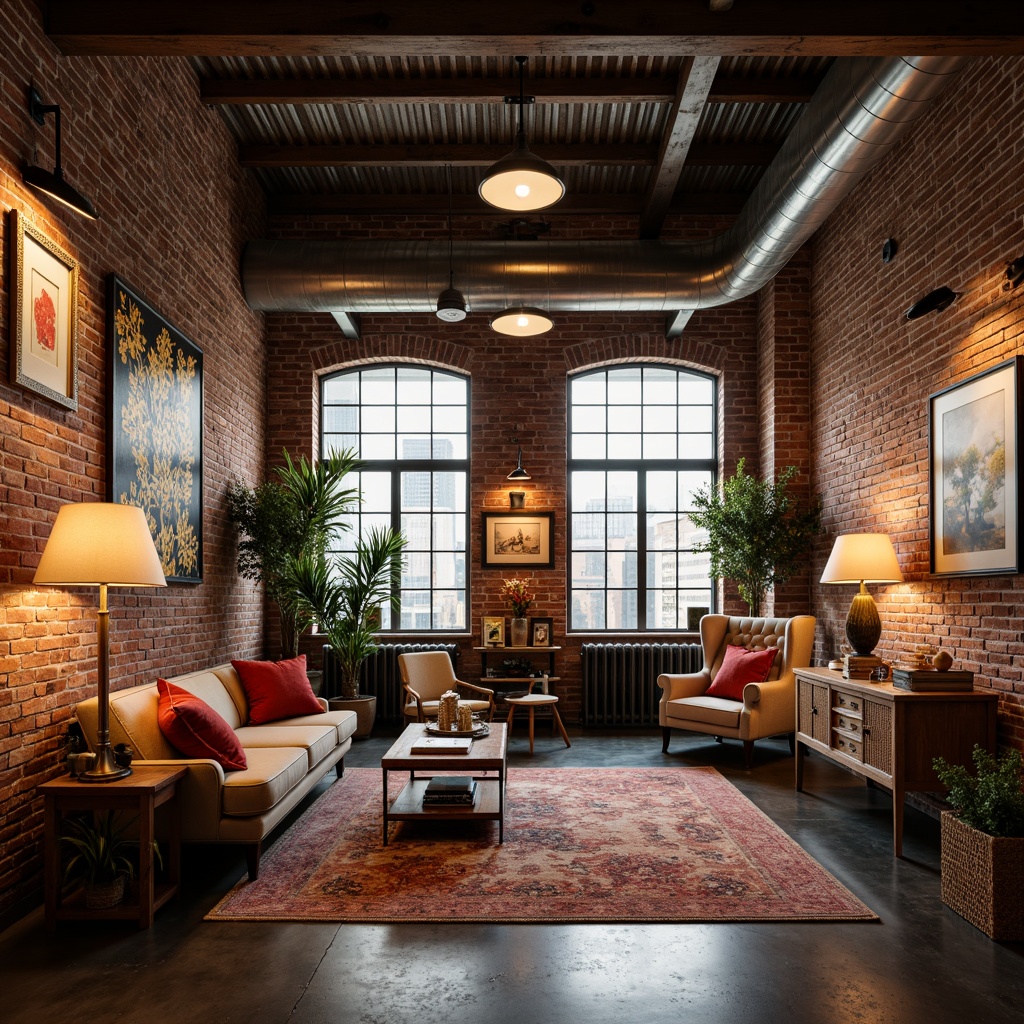 Prompt: Vibrant industrial-chic interior, exposed brick walls, reclaimed wood accents, metallic beams, eclectic artwork, vintage furniture pieces, bohemian-inspired textiles, warm cozy ambiance, softbox lighting, table lamps, floor lamps, pendant lights, warm white tone, high ceilings, open space, urban loft atmosphere, dramatic shadows, subtle color gradients, 1/2 composition, atmospheric perspective, cinematic mood.