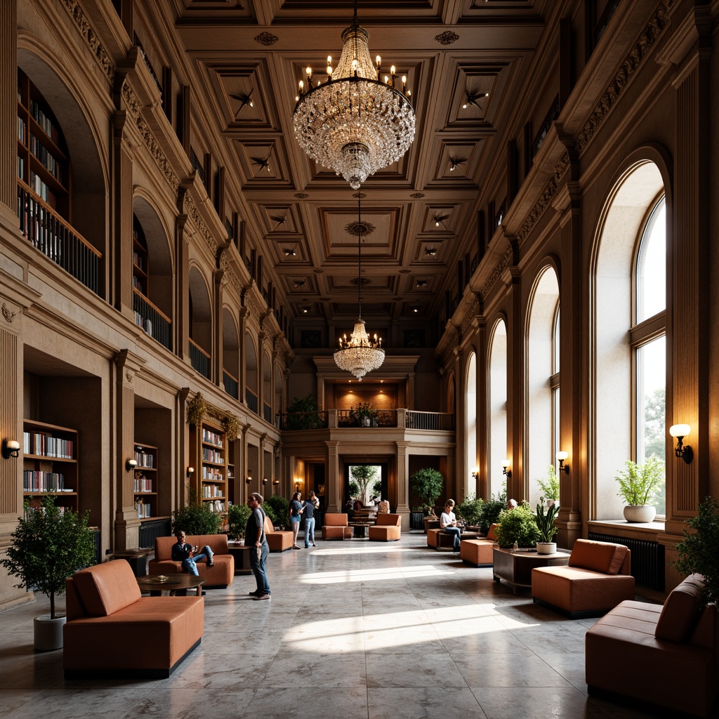 Prompt: Grandiose library interior, neoclassical architecture, ornate details, high ceilings, sweeping archways, marble floors, intricate moldings, elegant lighting fixtures, crystal chandeliers, bronze sconces, warm soft glow, reading lamps, wooden bookshelves, leather-bound tomes, comfortable seating areas, rich wood tones, subtle color palette, natural light pouring in, shallow depth of field, 1/2 composition, realistic textures, ambient occlusion.