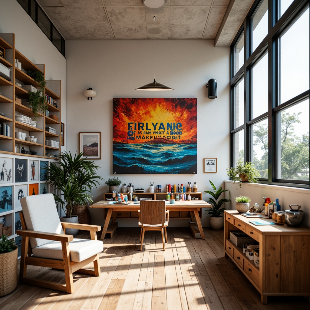 Prompt: Vibrant modern art studio, eclectic color scheme, bold brushstrokes, textured canvas, artistic supplies, colorful paint tubes, inspirational quotes, natural wood furniture, minimalist decor, large windows, soft diffused lighting, 3/4 composition, warm atmosphere, creative freedom.