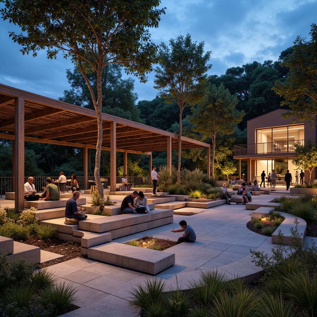 Prompt: Natural stone seating, weathered wood accents, rustic metal frameworks, earthy tone concrete, grassy slopes, tiered landscaping, open-air performance space, dramatic evening lighting, warm color temperature, shallow depth of field, 3/4 composition, panoramic view, realistic textures, ambient occlusion.