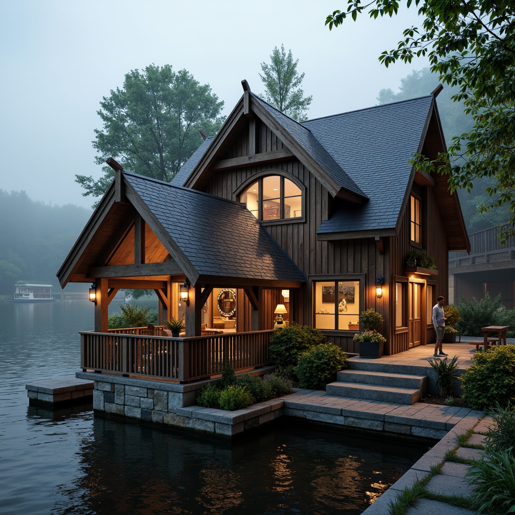 Prompt: Waterfront boathouse, Victorian-inspired architecture, ornate wooden trim, steeply pitched roofs, dormer windows, rustic stone foundations, nautical-themed decorations, vintage marine hardware, distressed wood accents, soft warm lighting, shallow depth of field, 1/2 composition, realistic textures, ambient occlusion, serene lake views, surrounding lush greenery, misty morning atmosphere.