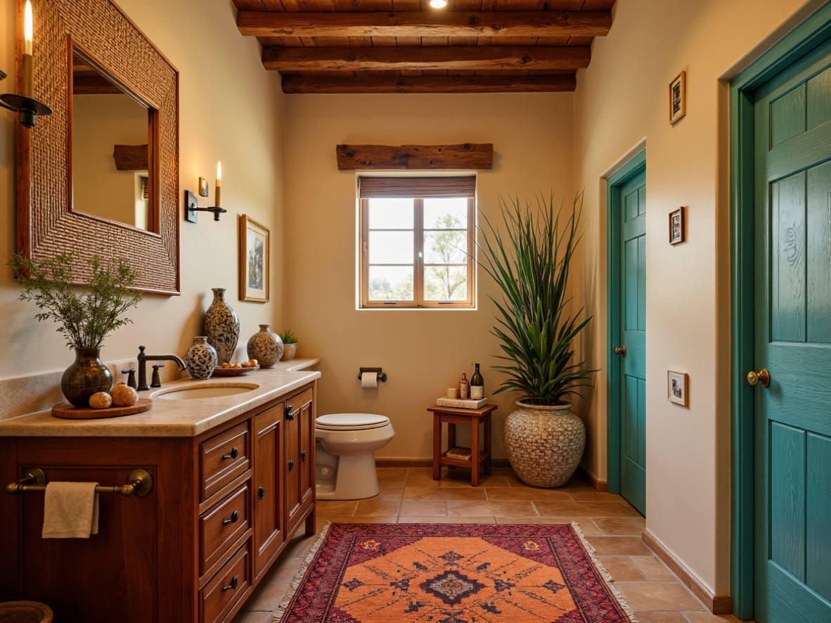 Prompt: Southwestern-style powder room, turquoise accents, rustic wooden vanity, woven rattan mirror frame, desert-inspired terracotta flooring, sandy beige walls, decorative Talavera pottery, vibrant red and orange textiles, geometric patterned rug, natural stone countertops, copper fixtures, warm golden lighting, shallow depth of field, 1/2 composition, soft focus, realistic textures.