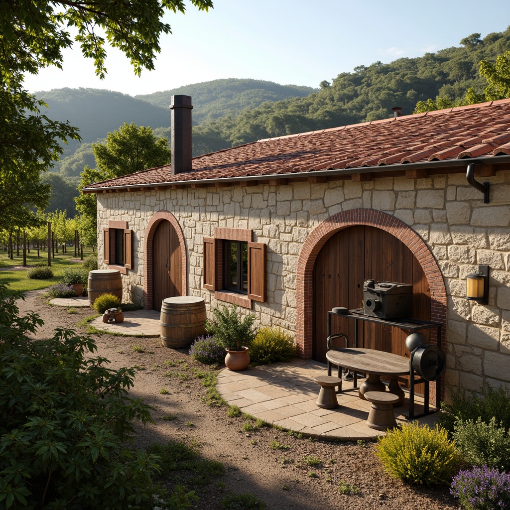 Prompt: Rustic winery building, natural stone walls, wooden barrels, vintage metal equipment, earthy color palette, terracotta roof tiles, reclaimed wood accents, distressed brick fa\u00e7ade, lush green vineyards, rolling hills, sunny afternoon, warm soft lighting, shallow depth of field, 1/1 composition, realistic textures, ambient occlusion.