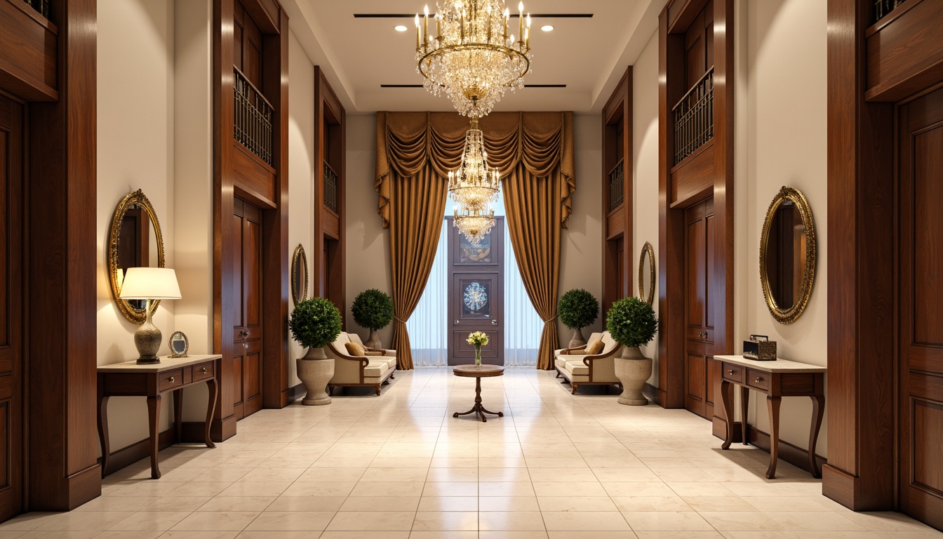 Prompt: Grand entrance hall, wooden accents, rich walnut finishes, polished marble floors, elegant chandeliers, ornate mirrors, luxurious velvet drapes, cream-colored walls, warm inviting atmosphere, soft diffused lighting, 1/2 composition, shallow depth of field, realistic wood textures, ambient occlusion.