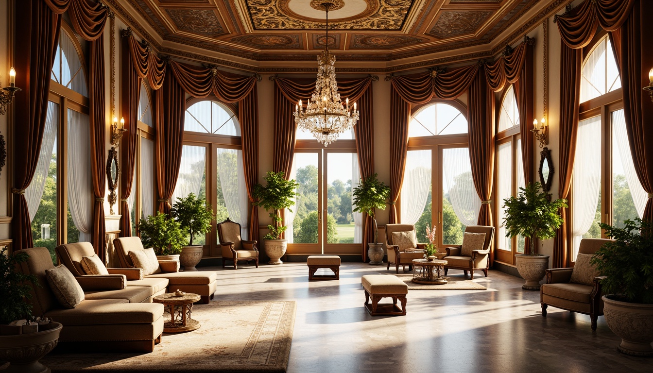 Prompt: Ornate sunroom, intricate Baroque detailing, golden accents, lavish furnishings, velvet drapes, crystal chandeliers, ornamental mirrors, carved wooden panels, marble floors, grand archways, sweeping curtains, rich tapestries, warm natural light, soft diffused lighting, shallow depth of field, 1/1 composition, realistic textures, ambient occlusion, sunny afternoon, subtle shadows.