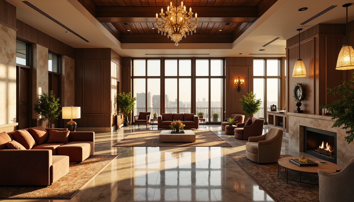 Prompt: Luxurious hotel lobby, rich wood accents, warm beige tones, soft golden lighting, plush velvet furniture, marble flooring, elegant chandeliers, subtle patterned rugs, earthy brown colors, natural stone walls, sophisticated modern architecture, floor-to-ceiling windows, panoramic city views, cozy atmosphere, intimate seating areas, ambient soft music, 1/2 composition, shallow depth of field, warm color temperature, high-end finishes, opulent decor.