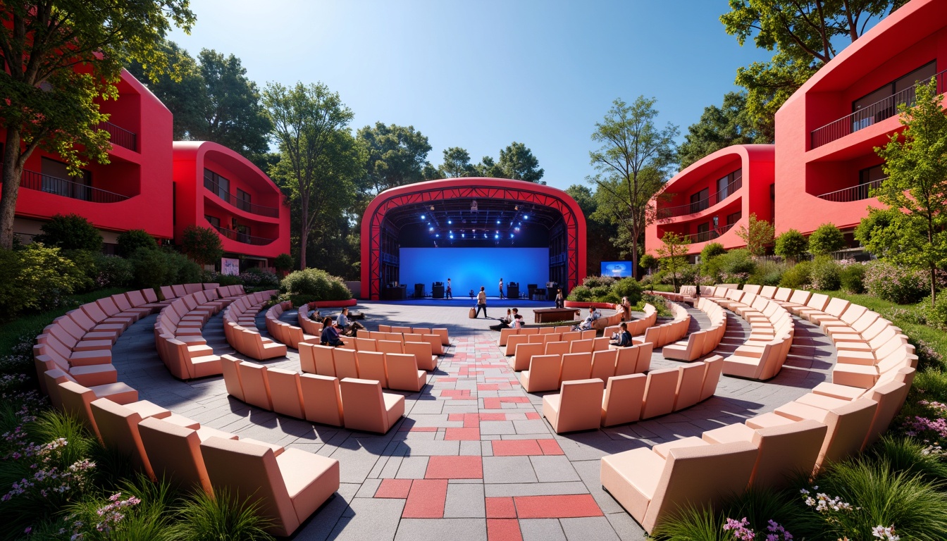 Prompt: Vibrant modern amphitheater, sleek curved seating, bold color blocking, dynamic stage lighting, abstract patterned flooring, minimalist metal framework, warm LED ambiance, electric blue accents, deep crimson hues, neutral beige tones, lush green surroundings, sunny day, soft natural light, 3/4 composition, shallow depth of field, realistic textures, ambient occlusion.