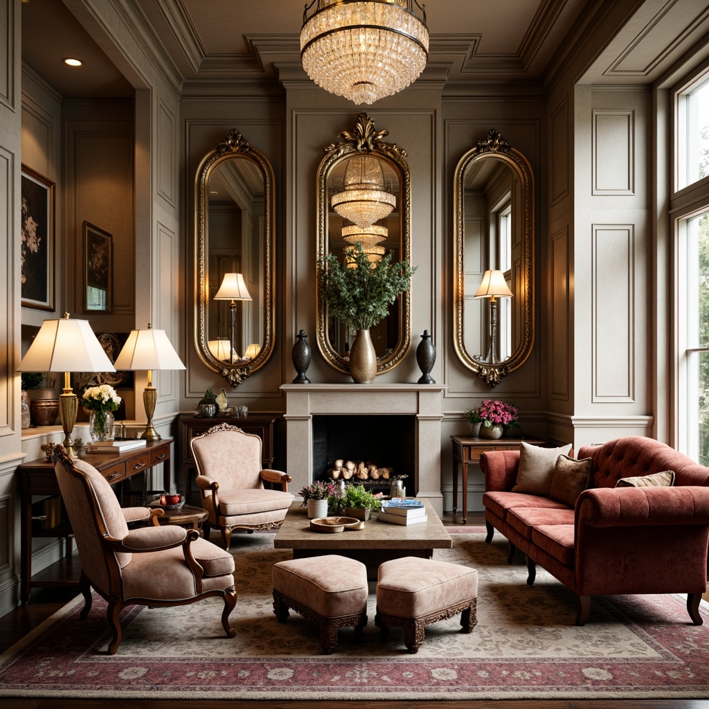 Prompt: Richly ornamented armchairs, velvet upholstery, intricately carved wooden tables, luxurious marble countertops, elegant floor lamps, ornate mirrors, refined crystal chandeliers, subtle neutral color palette, soft warm lighting, traditional English roll-arm sofas, classic berg\u00e8re chairs, distressed leather ottomans, antique bronze vases, lavish drapery, heavy silk fabrics, ornamental gold leaf accents, sophisticated architectural details.