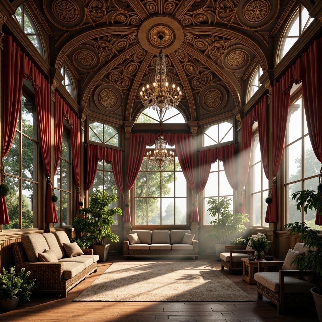 Prompt: Grand sunroom, ornate Baroque style, intricately carved wooden panels, gilded details, majestic chandeliers, opulent fabrics, velvet drapes, golden accents, lavish furnishings, curved lines, sweeping arches, grandiose proportions, natural light pouring in, warm ambient glow, soft focus, 1/1 composition, dramatic lighting, highly detailed textures, subtle atmospheric fog.