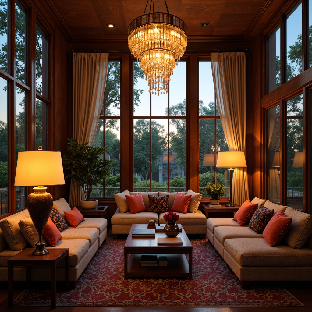 Prompt: Cozy living room, warm ambiance, soft glowing lamps, elegant chandeliers, modern pendant lights, sleek floor lamps, natural wood accents, plush furniture, rich textiles, vibrant colorful throw pillows, large windows, gentle daylight, warm sunset hues, layered lighting effects, subtle shadows, dramatic ceiling fixtures, polished metal finishes, luxurious crystal drops, ornate details, inviting atmosphere, relaxing ambiance.