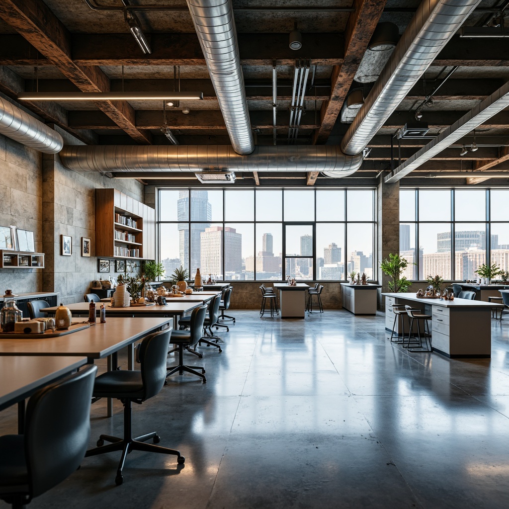 Prompt: Exposed ductwork, polished concrete floors, industrial metal beams, modern minimalist classrooms, sleek laboratory tables, futuristic science equipment, urban loft-inspired ceilings, reclaimed wood accents, distressed metal surfaces, dynamic color schemes, bold typography, urban cityscape views, morning natural light, softbox lighting, shallow depth of field, 2/3 composition, realistic textures, ambient occlusion.