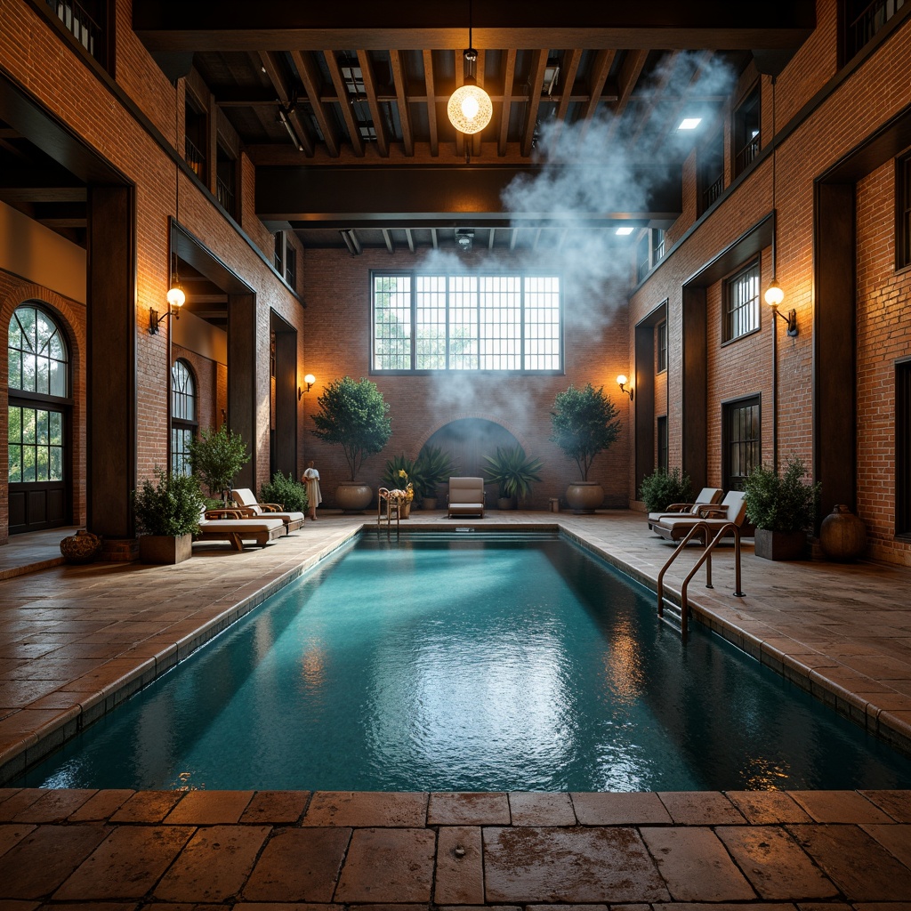 Prompt: Industrial-style pool, exposed brick walls, metallic ladders, distressed wood decking, vintage diving boards, rusty metal railings, reclaimed wood accents, Edison bulb lighting, warm golden illumination, dramatic shadows, high-contrast ambiance, overhead industrial lamps, pendant lights, floor-to-ceiling windows, natural daylight, reflective water surfaces, subtle misting effects, cinematic mood, 1-point perspective composition, low-angle shot, atmospheric haze.