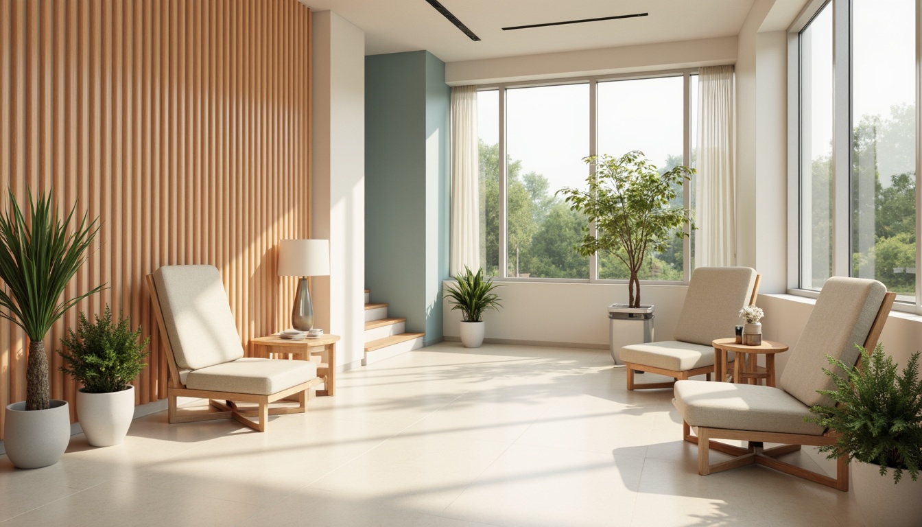 Prompt: \Soothing clinic interior, calming beige walls, gentle wood accents, soft peach tones, serene blue hues, warm cream flooring, natural light pouring in, minimalist decor, simple lines, clean aesthetics, modern medical equipment, comfortable seating areas, lush green plants, subtle texture overlays, shallow depth of field, 1/2 composition, soft focus effect, realistic renderings, ambient occlusion.\Please let me know if you need any adjustments or have further requests!