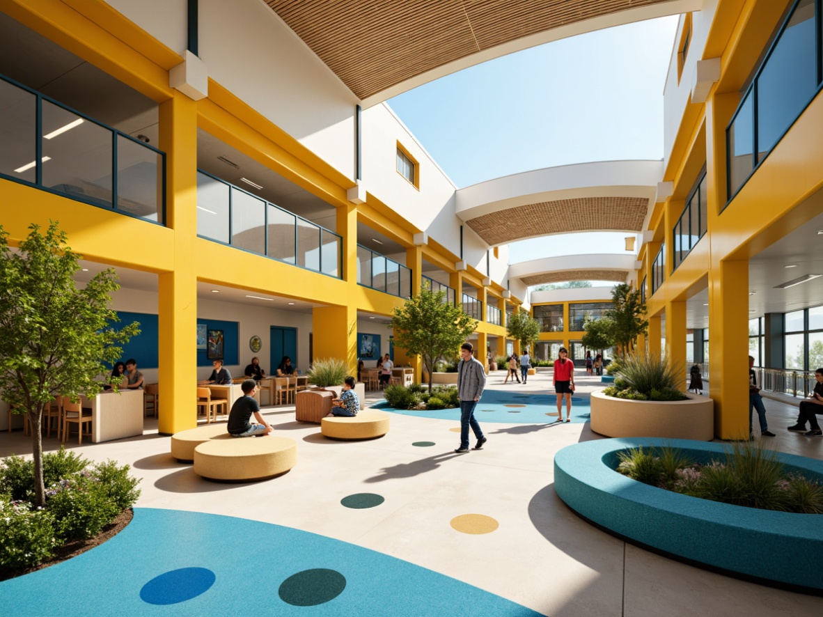 Prompt: Vibrant elementary school, sleek modern architecture, curved lines, bold color blocking, inspiring color palette, energetic yellow accents, calming blue tones, neutral beige backgrounds, playful greenery, natural wood textures, polished metal fixtures, geometric patterns, abstract artwork, open floor plans, collaborative learning spaces, flexible seating arrangements, abundant natural light, soft warm glow, shallow depth of field, 1/1 composition, panoramic view, realistic textures, ambient occlusion.