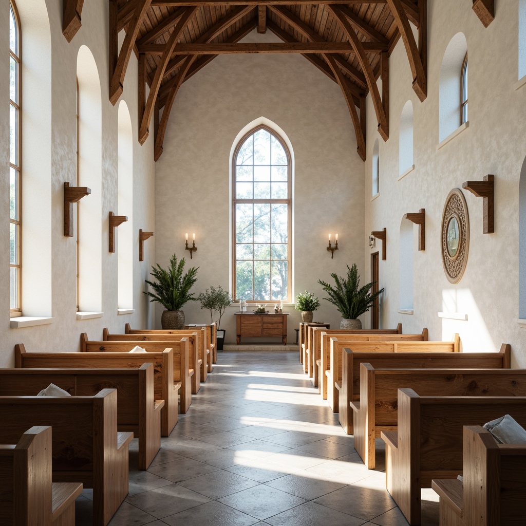 Prompt: \Light-filled nave, wooden pews, cream-colored stone walls, minimalist decor, subtle Nordic patterns, calming blue-grey hues, soft warm lighting, candles, stained glass windows, rustic wood accents, serene atmosphere, peaceful ambiance, natural textures, organic forms, simple geometries, whitewashed ceilings, gentle color transitions, 1/1 composition, realistic renderings, ambient occlusion.\Please let me know if this meets your requirements!