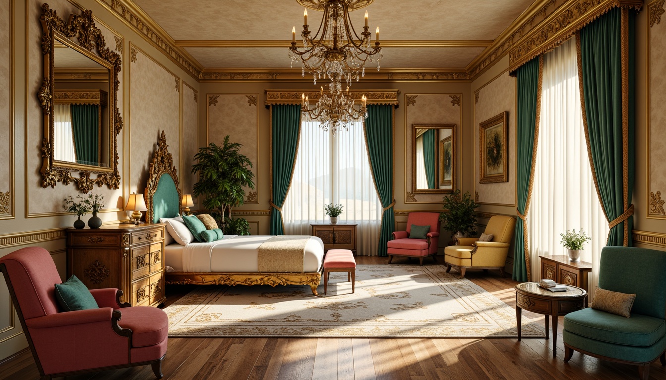 Prompt: Opulent Rococo interiors, soft golden lighting, lavish furnishings, intricately carved wooden paneling, ornate mirrors, velvet drapes, rich jewel-toned colors, emerald green accents, sapphire blue undertones, warm beige backgrounds, creamy whites, delicate pastel hues, antique gold leafing, luxurious fabrics, plush carpets, curved lines, ornamental patterns, French Renaissance influences, lavish chandeliers, sparkling crystal fixtures.