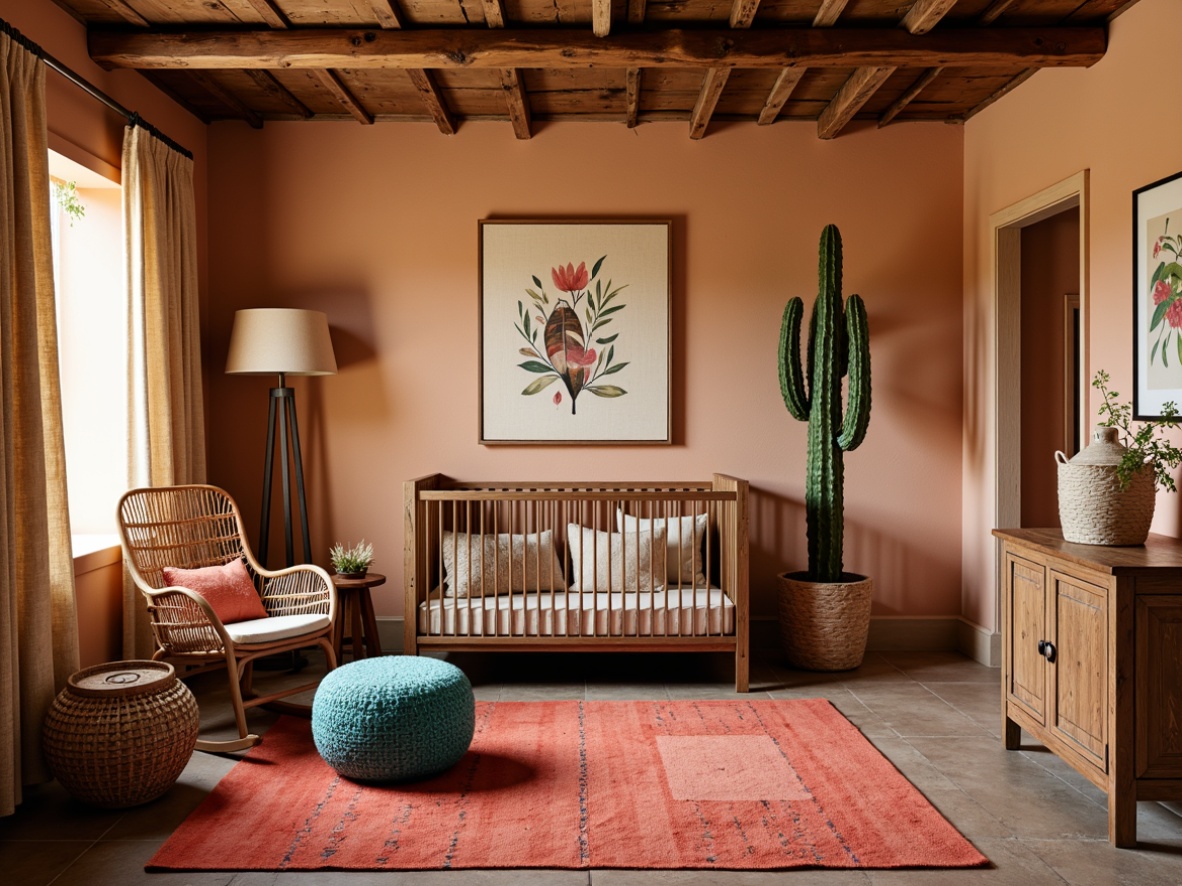 Prompt: Southwestern-inspired nursery, warm earthy tones, rustic wooden crib, woven wicker rocking chair, plush turquoise ottoman, vibrant coral-colored rug, natural fiber curtains, distressed wood furniture, rattan storage baskets, vintage Native American-inspired textiles, soft warm lighting, shallow depth of field, 3/4 composition, panoramic view, realistic textures, ambient occlusion.