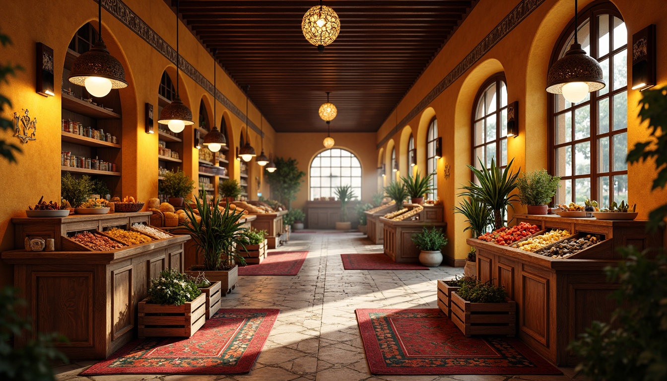 Prompt: Vibrant Moroccan-inspired market interior, ornate lanterns, colorful tiles, intricately patterned rugs, wooden stalls, rustic wooden crates, exotic spices, fresh fruits and vegetables, lively atmosphere, warm golden lighting, shallow depth of field, 1/1 composition, realistic textures, ambient occlusion.