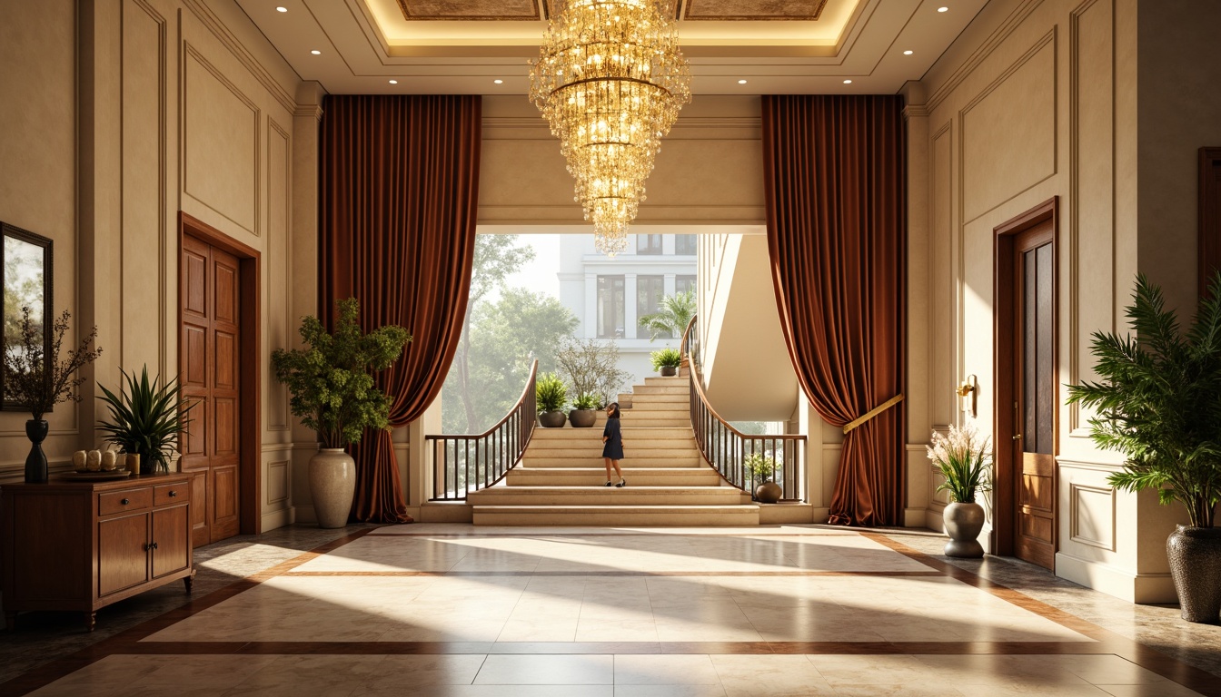 Prompt: Grand entrance, luxurious chandelier, polished marble floor, ornate wooden door, elegant staircase, rich velvet drapes, warm golden lighting, soft cream walls, majestic high ceiling, sophisticated modern art pieces, refined metal accents, lavish greenery, vibrant floral arrangements, subtle texture variations, dramatic shading, 1/2 composition, cinematic camera angle, realistic reflections.