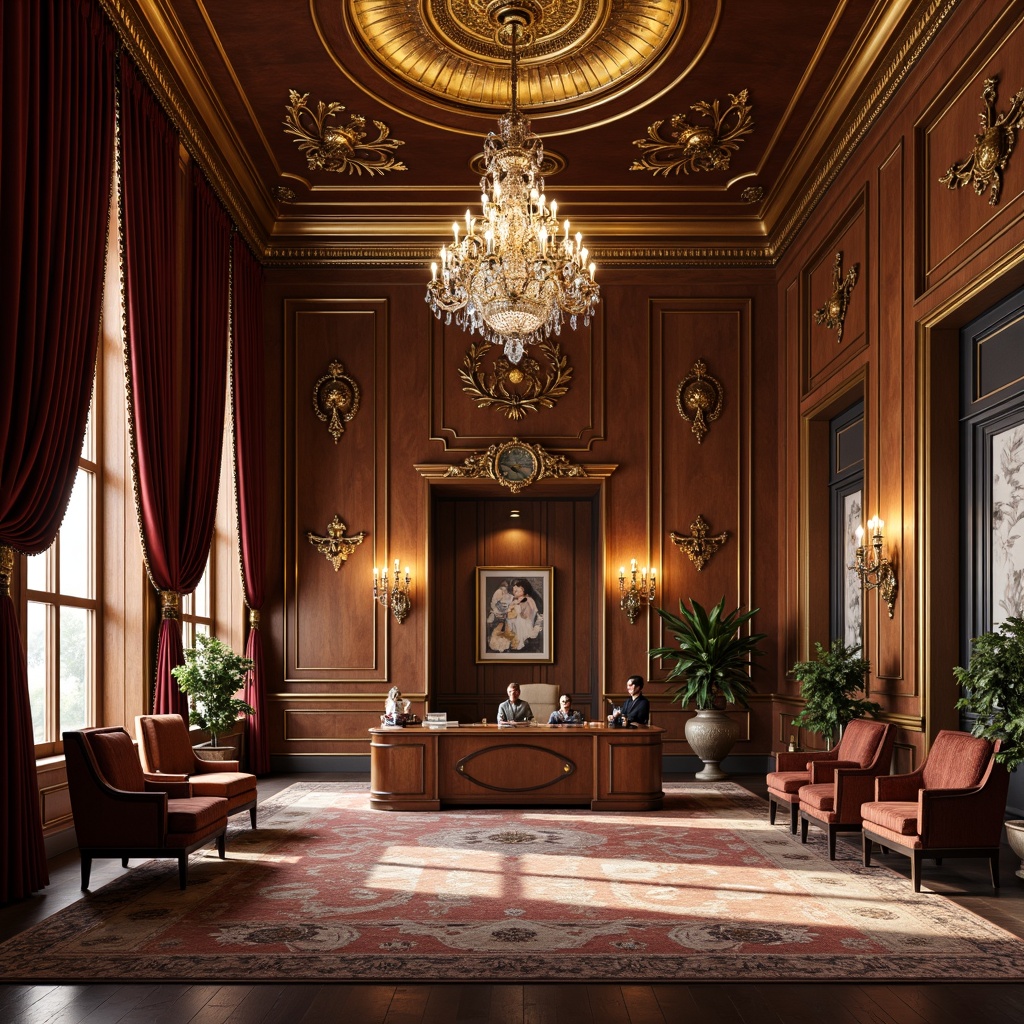 Prompt: Opulent Baroque office, rich wood paneling, ornate gold accents, luxurious velvet drapes, intricately carved furniture, crystal chandeliers, elegant sconces, warm golden lighting, soft diffused glow, subtle shadowing, dramatic ceiling fixtures, grandiose entranceways, majestic columns, lavish textiles, regal color palette, refined architectural details, sophisticated ambiance, realistic reflections, high-contrast rendering.