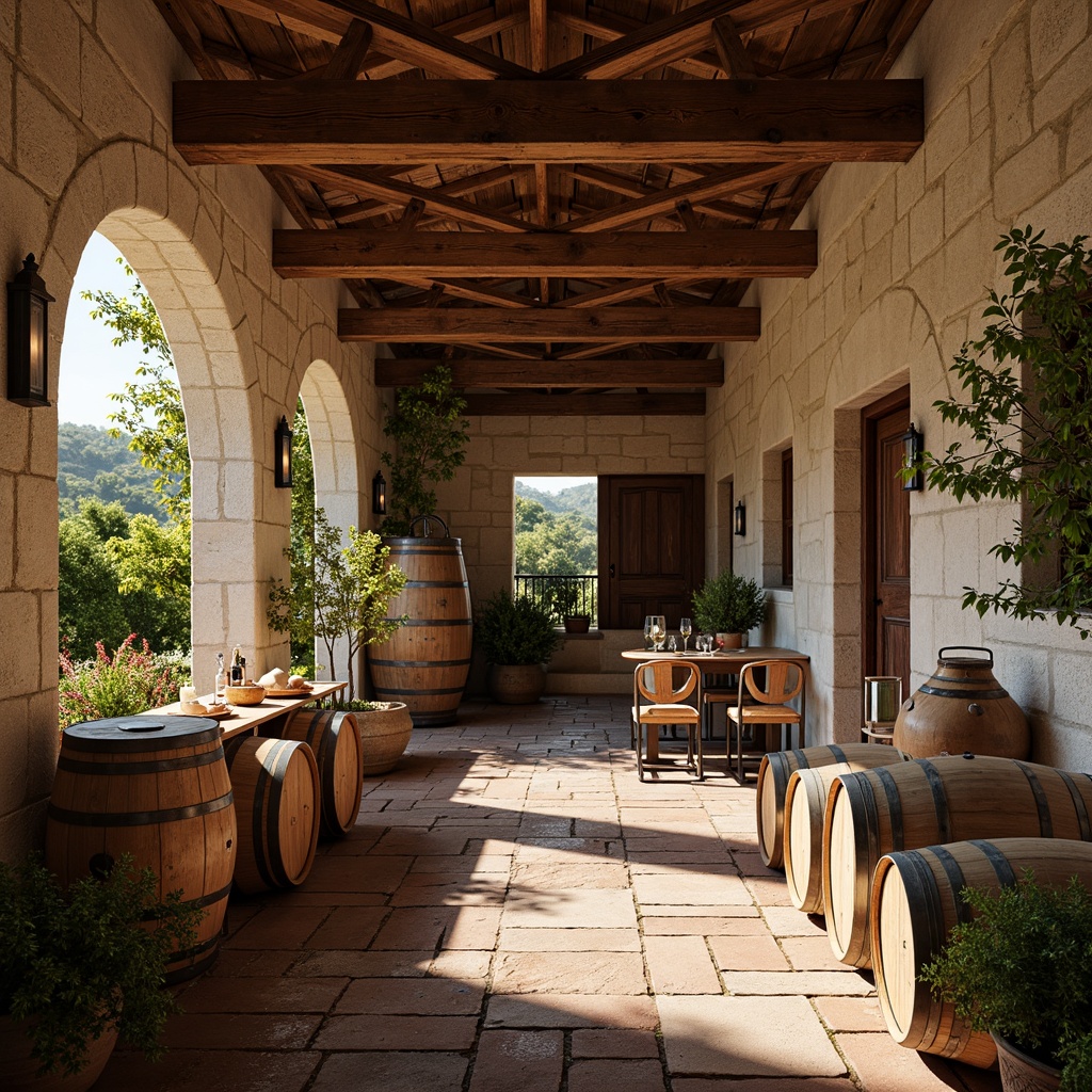 Prompt: Rustic winery, earthy tones, natural stone walls, wooden barrels, oak wood accents, vintage metal equipment, distressed brick floors, reclaimed wooden beams, warm candle lighting, soft shadows, rich aromas, aged wine cellar, traditional architecture, Mediterranean-inspired design, terracotta pots, lush greenery, warm sunny day, 1/1 composition, intimate atmosphere, realistic textures, ambient occlusion.