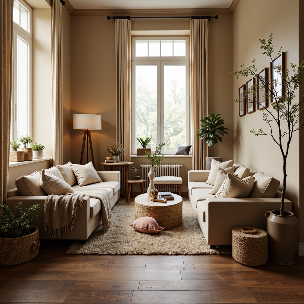 Prompt: Cozy living room, plush throw blankets, soft velvet sofas, woven baskets, natural fiber rugs, warm beige walls, wooden accent tables, elegant floor lamps, subtle patterned curtains, inviting window seats, comfortable sectional couches, rustic wood flooring, calming neutral colors, softbox lighting, 1/1 composition, intimate atmosphere, realistic fabric textures.