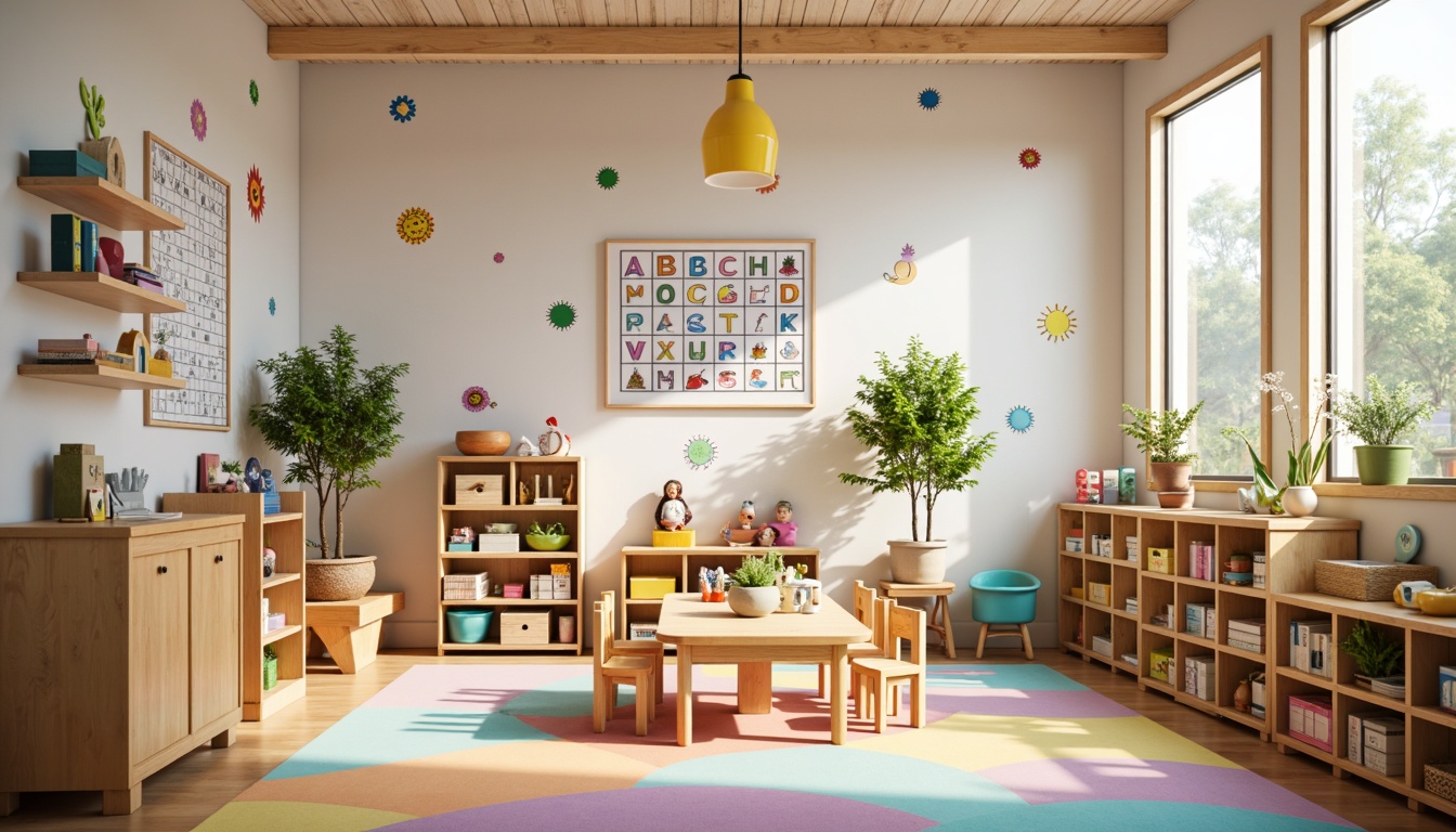 Prompt: Vibrant kindergarten, playful atmosphere, bright primary colors, pastel hues, soft rounded shapes, whimsical illustrations, educational charts, alphabet walls, number lines, colorful rugs, wooden furniture, natural light, airy feel, joyful ambiance, gentle curves, friendly fonts, stimulating decor, interactive displays, engaging textures, shallow depth of field, 1/1 composition, warm white lighting.