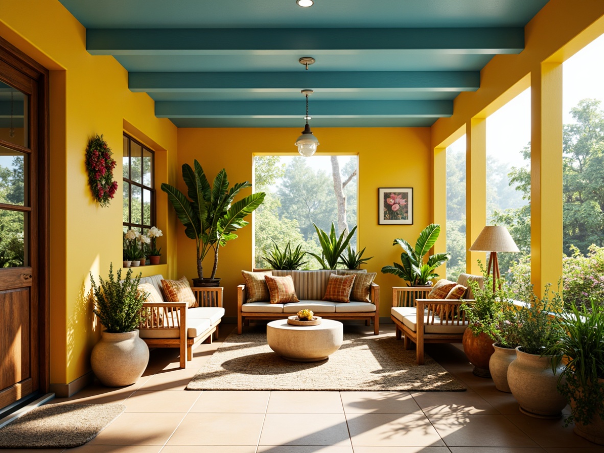 Prompt: Vibrant sunroom, warm natural light, bright yellow walls, sky blue ceilings, lush greenery, wicker furniture, wooden accents, rattan decor, earthy tones, terracotta pots, blooming flowers, sunny day, soft warm lighting, shallow depth of field, 1/1 composition, panoramic view, realistic textures, ambient occlusion.