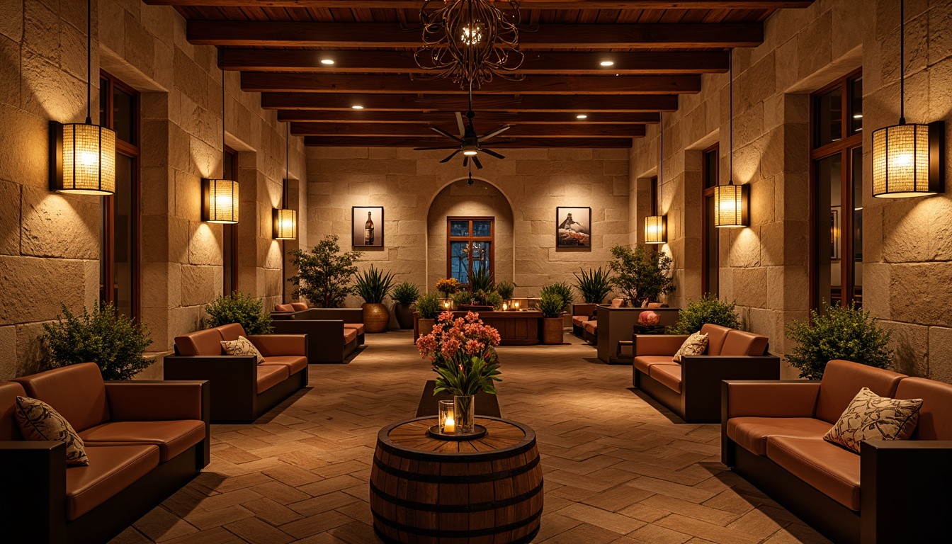 Prompt: Warm winery ambiance, rustic wooden accents, soft warm lighting, pendant lamps, dimmable fixtures, cozy corners, vintage wine barrels, earthy stone walls, rich wood flooring, intimate seating areas, ambient glow, subtle color temperatures, dramatic ceiling heights, exposed wooden beams, elegant chandeliers, sophisticated metalwork, wine-inspired artwork, natural textures, earthy color palette, warm beige tones, soft shadows, 1/1 composition, shallow depth of field, realistic rendering.