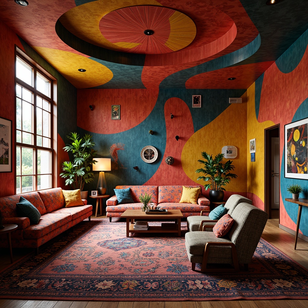 Prompt: Vibrant living room, eclectic furniture arrangement, bold color palette, abstract patterns, ornate textiles, irregular shapes, distorted proportions, avant-garde decor, futuristic lighting fixtures, curved lines, fluid forms, asymmetrical composition, artistic sculptures, unconventional materials, dramatic shadows, high-contrast lighting, 1/1 composition, shallow depth of field, warm atmospheric mood, creative freedom.